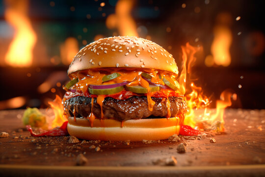 Hot juicy hamburger. Generative AI. Burger day. Super burger with big patty, sauce, red onions, pickles, against backdrop of flames. Food Festivals concept. image for menu, street food, campaign