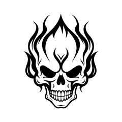 Skull with flames, isolated on white background, vector illustration