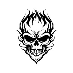 Skull with flames, isolated on white background, vector illustration