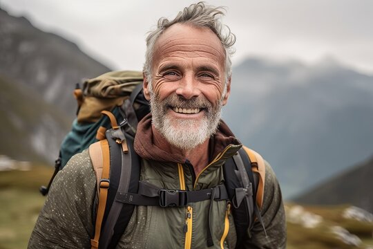 Happy senior man hiking in the mountains. He is smiling and looking at camera.