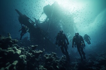 Photograph of people scuba diving undersea wrecks, Generative AI