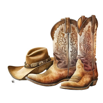 Cowboy boots and cowboy hat. Watercolor hand painted rodeo design, Generative AI