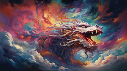 a dragon with a colorful cloud of smoke