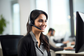 Call-center female worker. Smiling woman in a modern office. Ai generated