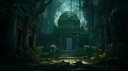 a old temple with dark vibe with green - obrazy, fototapety, plakaty