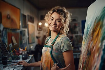 Portrait of a smiling female artist painting on canvas in art studio - Powered by Adobe