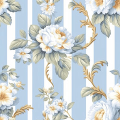 Fototapeta na wymiar Seamless pattern, tileable English country style blue striped floral print for wallpaper, wrapping paper, scrapbook, fabric and product design