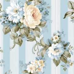 Seamless pattern, tileable English country style blue striped floral print for wallpaper, wrapping paper, scrapbook, fabric and product design