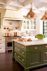 Kitchen decor, interior design and house improvement, bespoke sage green English in frame kitchen cabinets, countertop and appliance in a country house, elegant cottage style