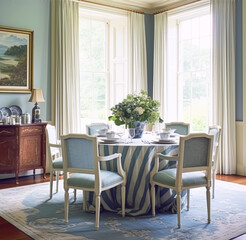 Dining room decor, interior design and house improvement, elegant table with chairs, furniture and classic blue home decor, country cottage style