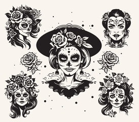 Enchanting Collection of Black and White Mexican Sugar Skull Girls in Tattoo-Style Vector Illustrations. Sketch, Roses, Doodles - 625943923
