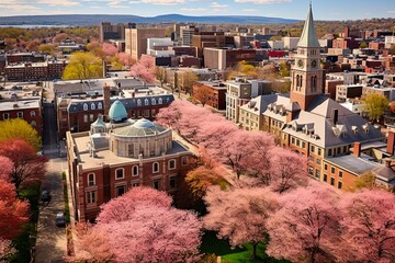 Up High Aerial View of Historic Downtown Lancaster, Pennsylvania with Blooming Trees - Architecture, Buildings, and Churches of the American City. Generative AI