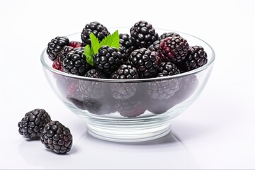 Blackberries On White Plate. Juicy Ripe Berries Heap in Glass Bowl Doused with Dew Drops. Sweet and Delicious Fruit Concept. Generative AI