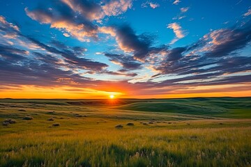 Flint Hills Kansas Sunset: Stunning Landscape of Kansas Prairie Field with Beautiful Sky and Blue Skies over Great Plains. Generative AI - obrazy, fototapety, plakaty