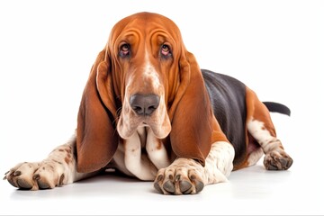 Adorable Basset Hound Dog Lying on White Background for Adoption Campaigns: Generative AI