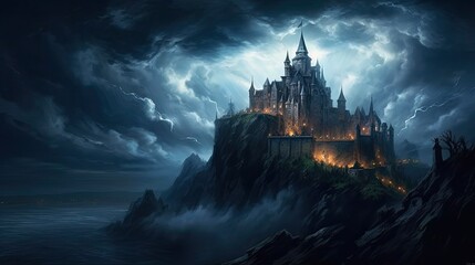 Castle on a Hill - A Majestic Mediaeval Landscape of a Stormy Night with Dramatic Sky and Silhouette of the Castle on the Horizon. Generative AI