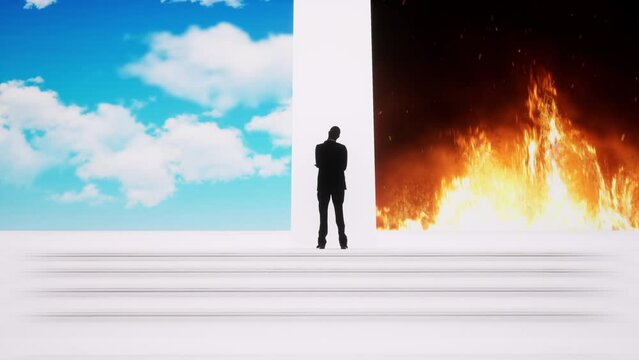 A man is on the verge of an important decision, in front of him are the gates of heaven and hell. The concept of choice, important decisions, religions, life after death.