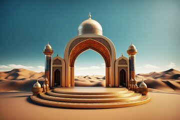 Islamic display podium with mosque gate background in the sand dunes, ramadan kareem, mawlid, isra miraj, eid al fitr adha, muharram, 3d illustration, generative AI