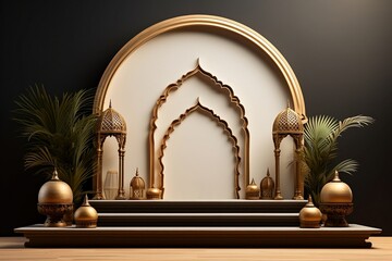Islamic display podium with mosque window background, ramadan kareem, mawlid, isra miraj, eid al fitr adha, muharram, 3d illustration, generative AI