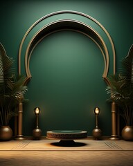 Islamic display podium with mosque window on green background, ramadan kareem, mawlid, isra miraj, eid al fitr adha, muharram, 3d illustration, generative AI