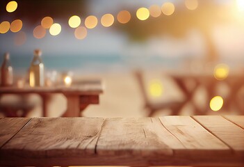 Abstract table on beach on Blur background. Beautiful outdoor sea view with empty space. Product showcase. Decorative wooden counter