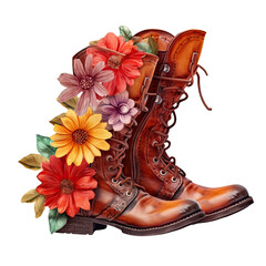 Watercolor Brown Vintage boots with wildflowers, Hiking boots, Travel, Adventure, Generative AI