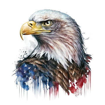 Eagle abstract partial American flag in the background watercolor, Generative AI