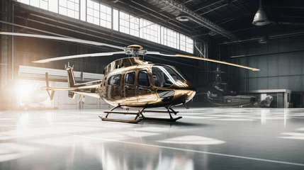 Selbstklebende Fototapeten Business luxury helicopter in hangar. Rotorcraft and aircrafts under maintenance. Checking mechanical systems for flight operations © darkhairedblond