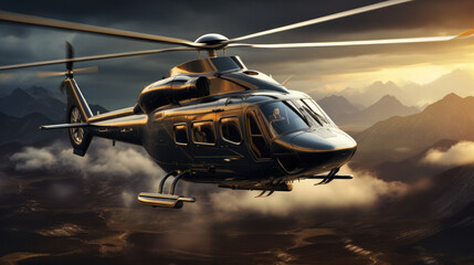 Picture of helicopter at sunset. Silhouette of helicopter on sunset sky. - obrazy, fototapety, plakaty