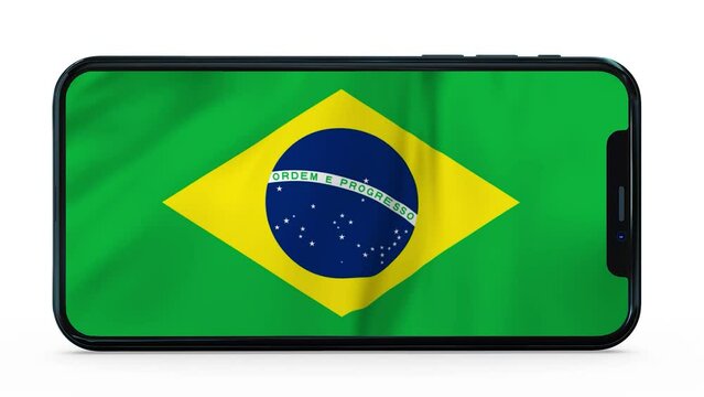 Waving flag of Brazil on a mobile phone screen. 3d animation in 4k resolution video.