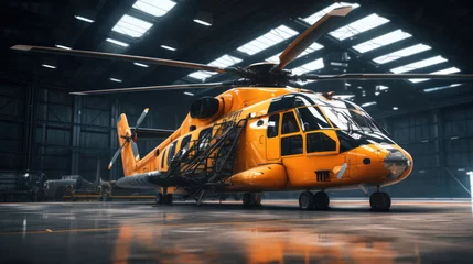 Poster Passenger helicopter in hangar. Rotorcraft and aircrafts under maintenance. Checking mechanical systems for flight operations © darkhairedblond