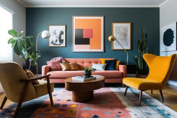 A colorful and eclectic living room inspired by mid-century modern design, with vintage pieces mixed with contemporary art and bold pops of color, generative AI	
