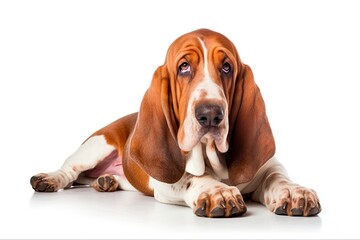 Adorable Basset Hound Dog Breed Lying on White Background. A Big Brown Canine Companion Captured on Camera for Adoption: Generative AI