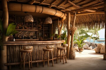 Bamboo Tropical Bar with Bohemian Rattan Interior, Palm Trees and White Sand in Tropical Vacation Spot. Generative AI