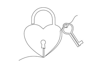 continuous line art drawing of a padlock with a love shape key
