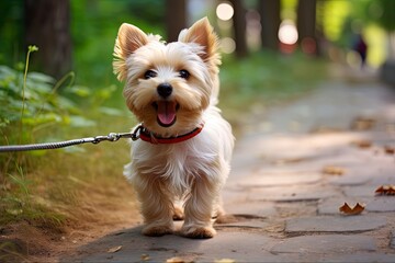 Cute Barking Terrier Dog on Leash - Not Aggressive, No Warning. Adorable Animal Bark, Not Angry. Generative AI