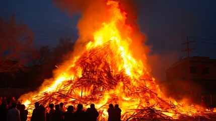 Lohri Festival Bonfire - Giant Flames Lit to Celebrate Winter Solstice and Auspicious Puja worship. Generative AI