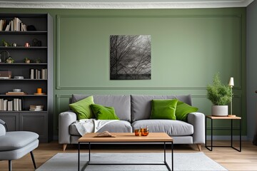 Sitting Room Interior with Grey Lounge, Green Cushion and Wooden Coffee Table. Bright and Cozy Space for Hot Drink and Reading Books. Generative AI
