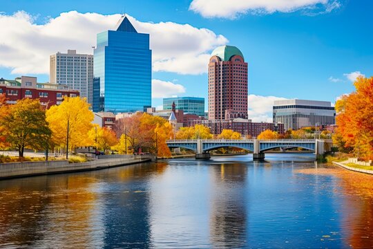 Grand Rapids MI Skyline and Riverfront View: Exploring Downtown Architecture in Michigan's Vibrant City. Generative AI