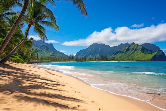 Tunnels Beach, Kauai: A Stunning Landscape View of Beach, Mountains and Sky. Generative AI