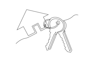 continuous line art drawing of a house with a key
