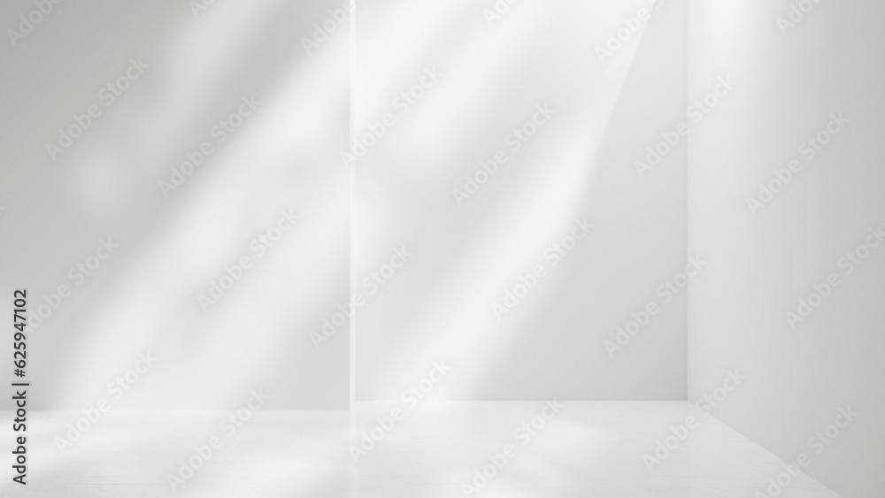 Aufkleber blank white empty room corner and sunlight with leafs shadows, empty white copy space background