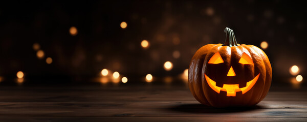 Glowing Halloween pumpkin on black background with empty space for text 