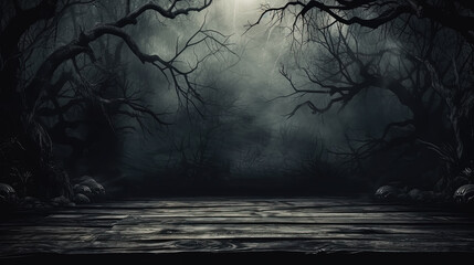 Obraz premium Old wood table and silhouette dead tree at night for Halloween background 