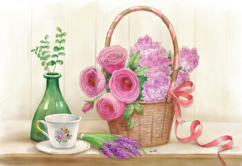Still life with roses in a basket, lavender and a tea cup