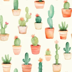 Keuken foto achterwand Cactus in pot A watercolor cactus pattern with pink flowers created with Generative AI technology