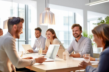 Obraz premium Group of happy business people working together in modern office. Teamwork concept. Generative AI
