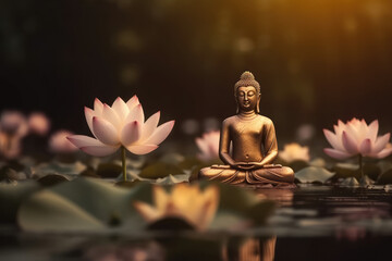 glowing Lotus flowers and gold buddha statue, generative AI	
