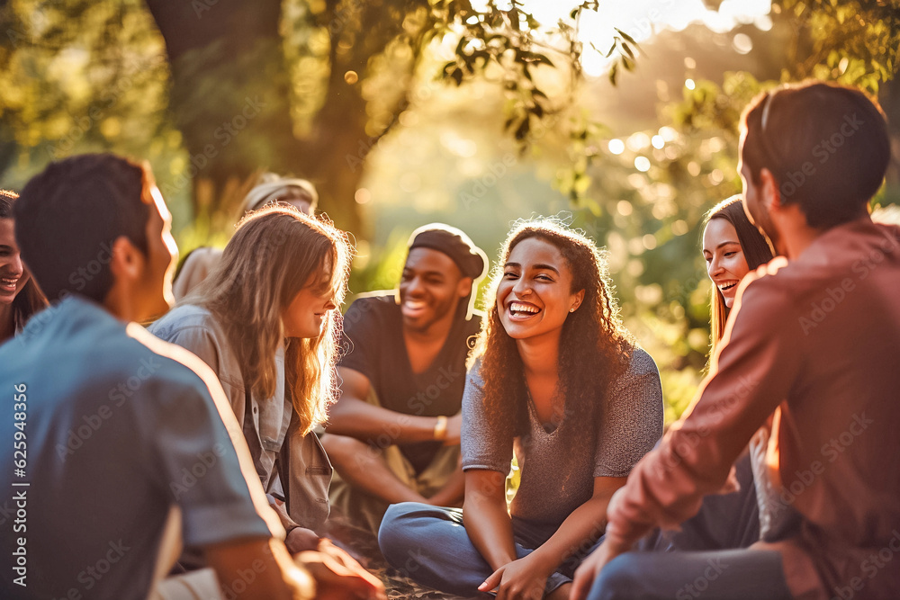 Wall mural Group of young people sitting in the park and laughing. Concept of mental health, psychological safety. Generative AI