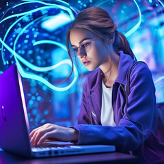 Young woman working on laptop, futuristic illustration, collage with glowing purple background. Generative AI
